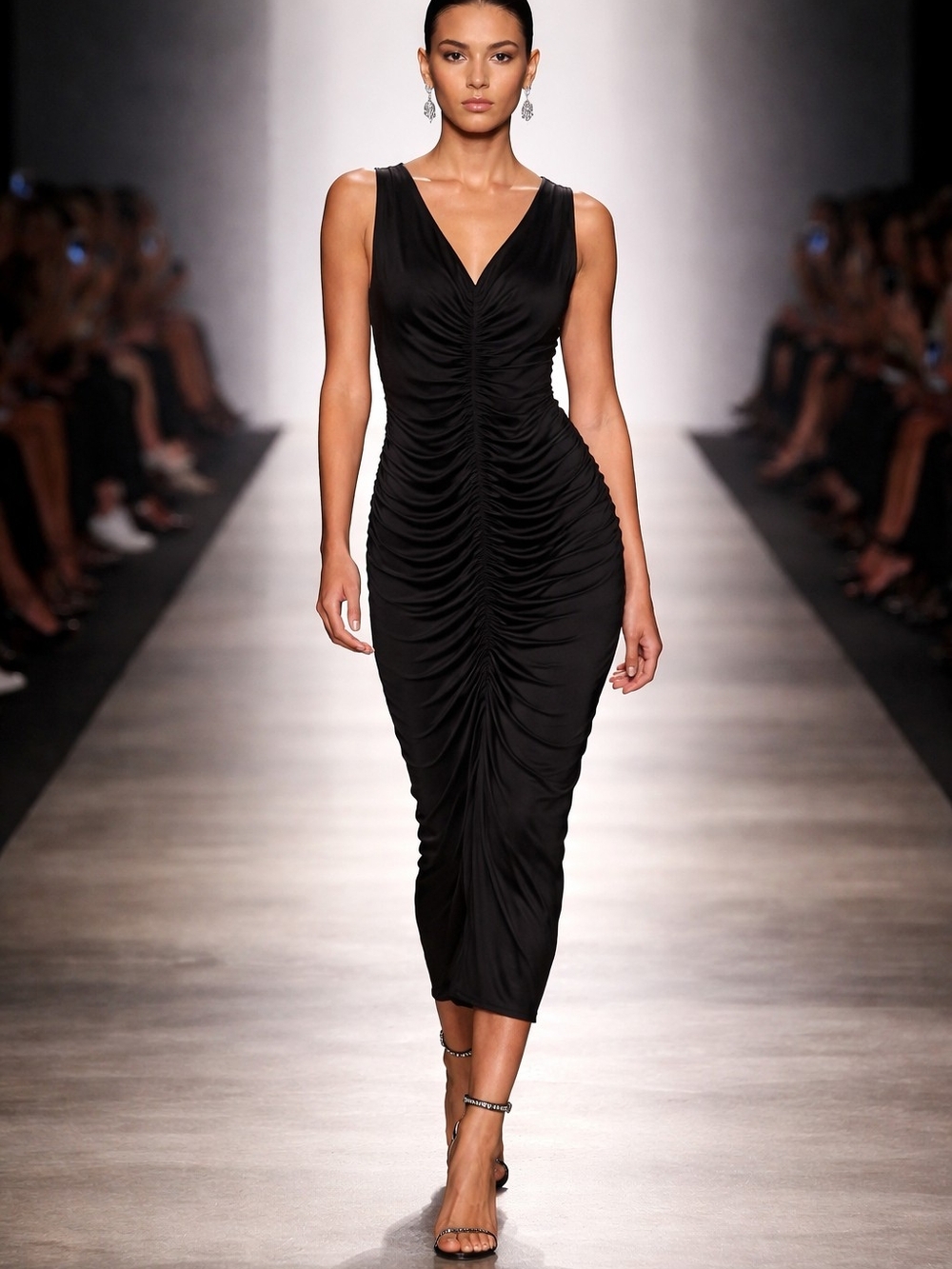 INC International Concepts Black Ruched V-Neck Midi Dress